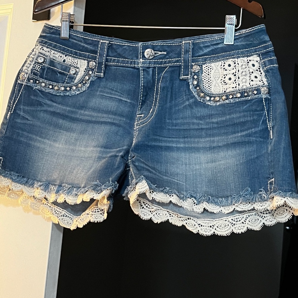 Miss Me Blue Denim Shorts with White Lace Trim